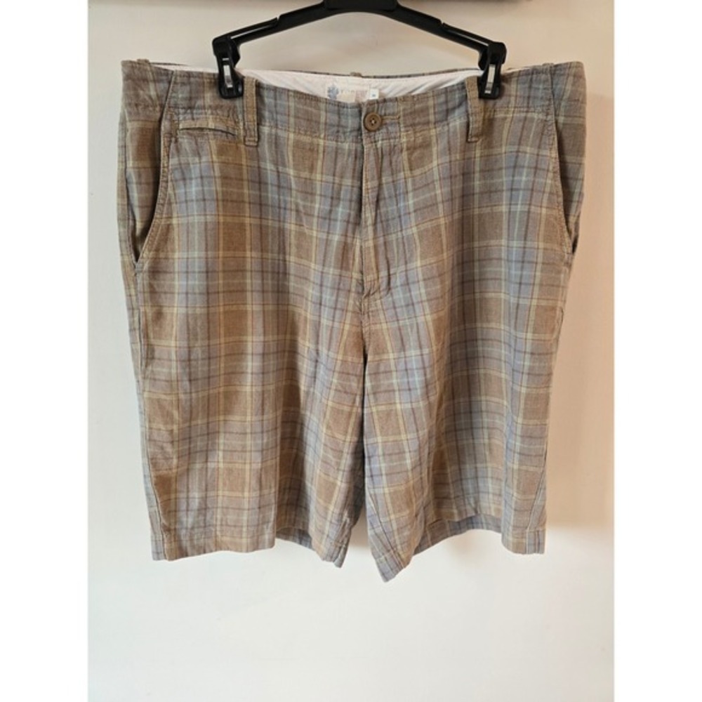 J.Crew Mens Plaid Linen Cotton Blend Chino‎ Shorts Brown Blue Size 36 Summer